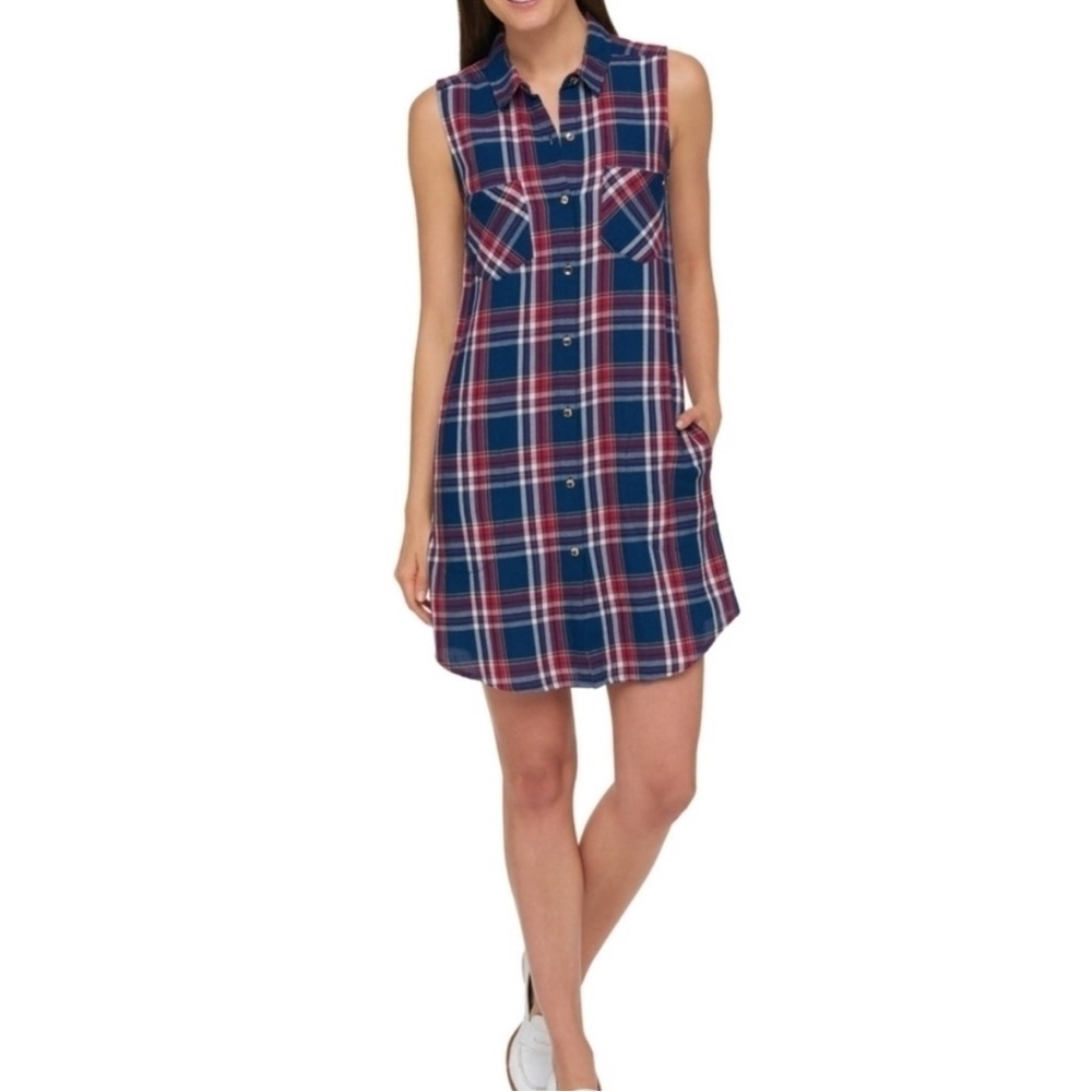 Tommy Hilfiger Plaid Sleeveless Collared Dress - Navy and Red